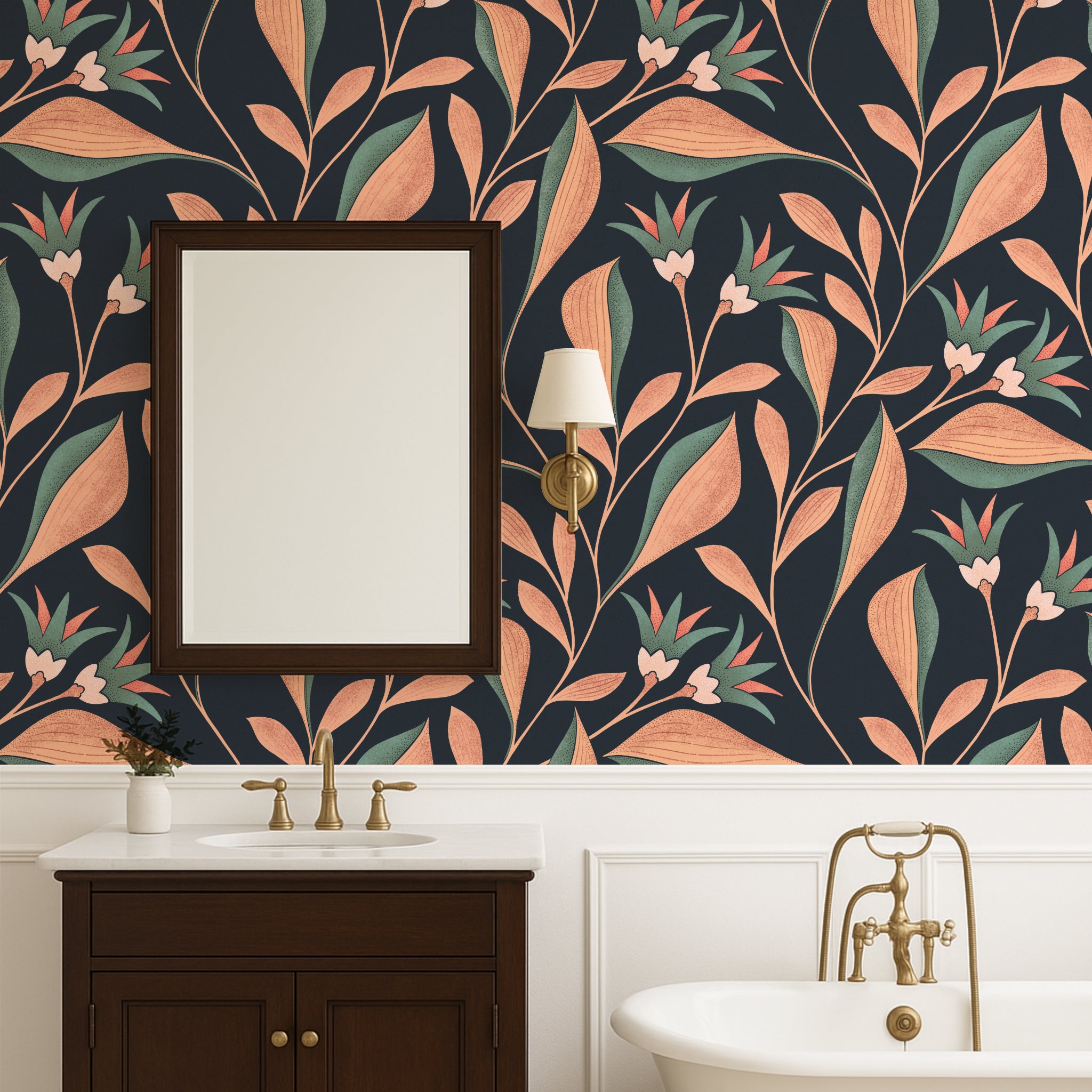 Bathroom with floral wallpaper, sink, and mirror.