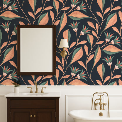 Bathroom with floral wallpaper, sink, and mirror.