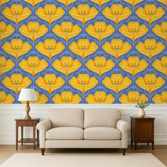 Living room with a beige sofa, wooden side tables, and a wall featuring a yellow floral pattern on a blue background.