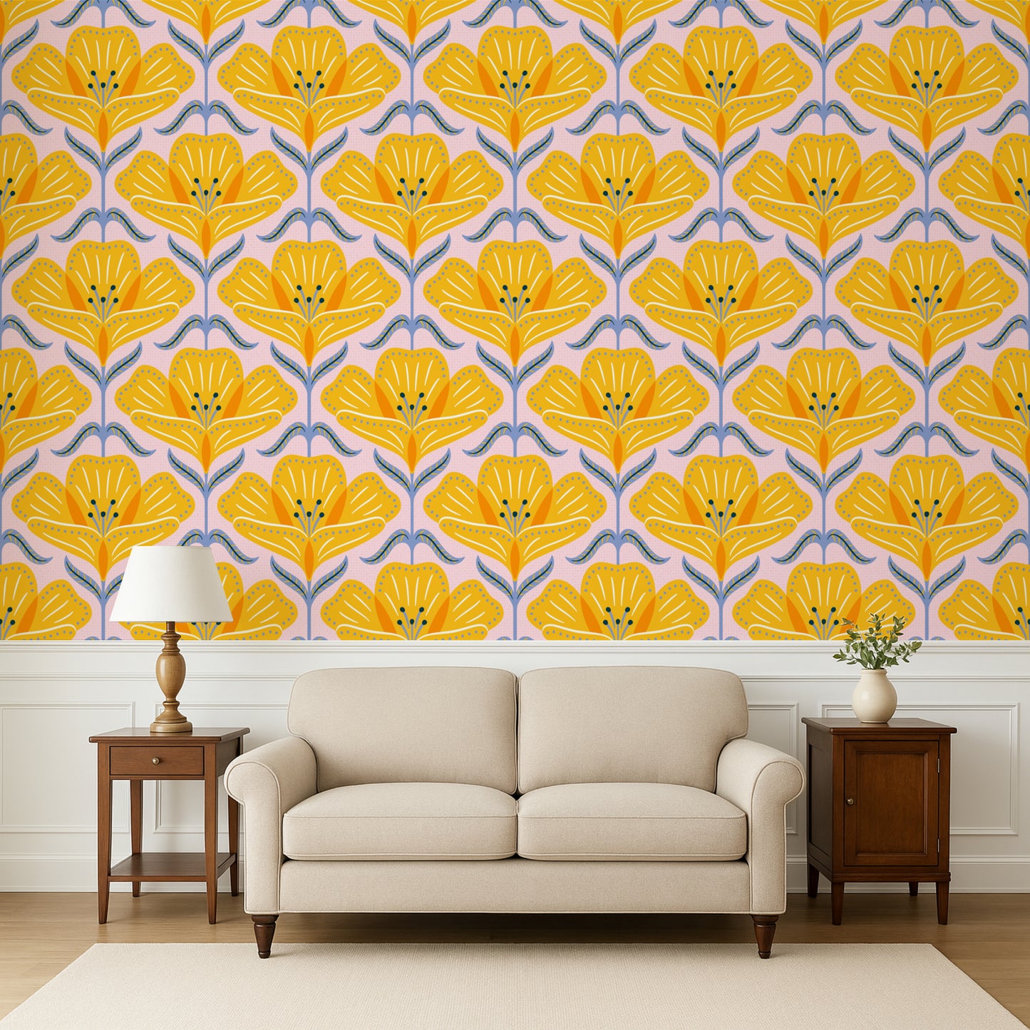 Living room with a beige sofa against a wall featuring a yellow floral pattern.