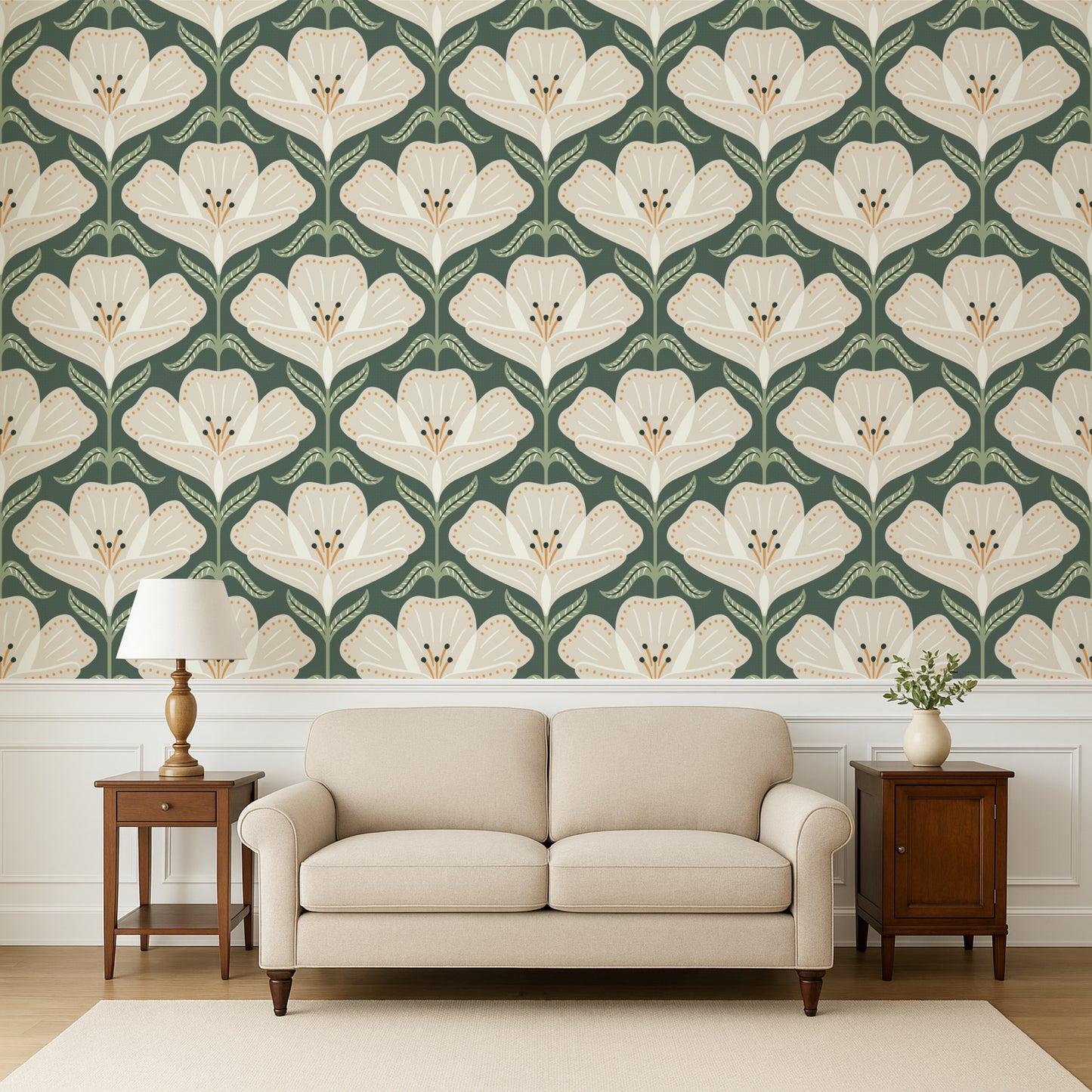 Living room with floral wallpaper, beige sofa, and wooden side tables.