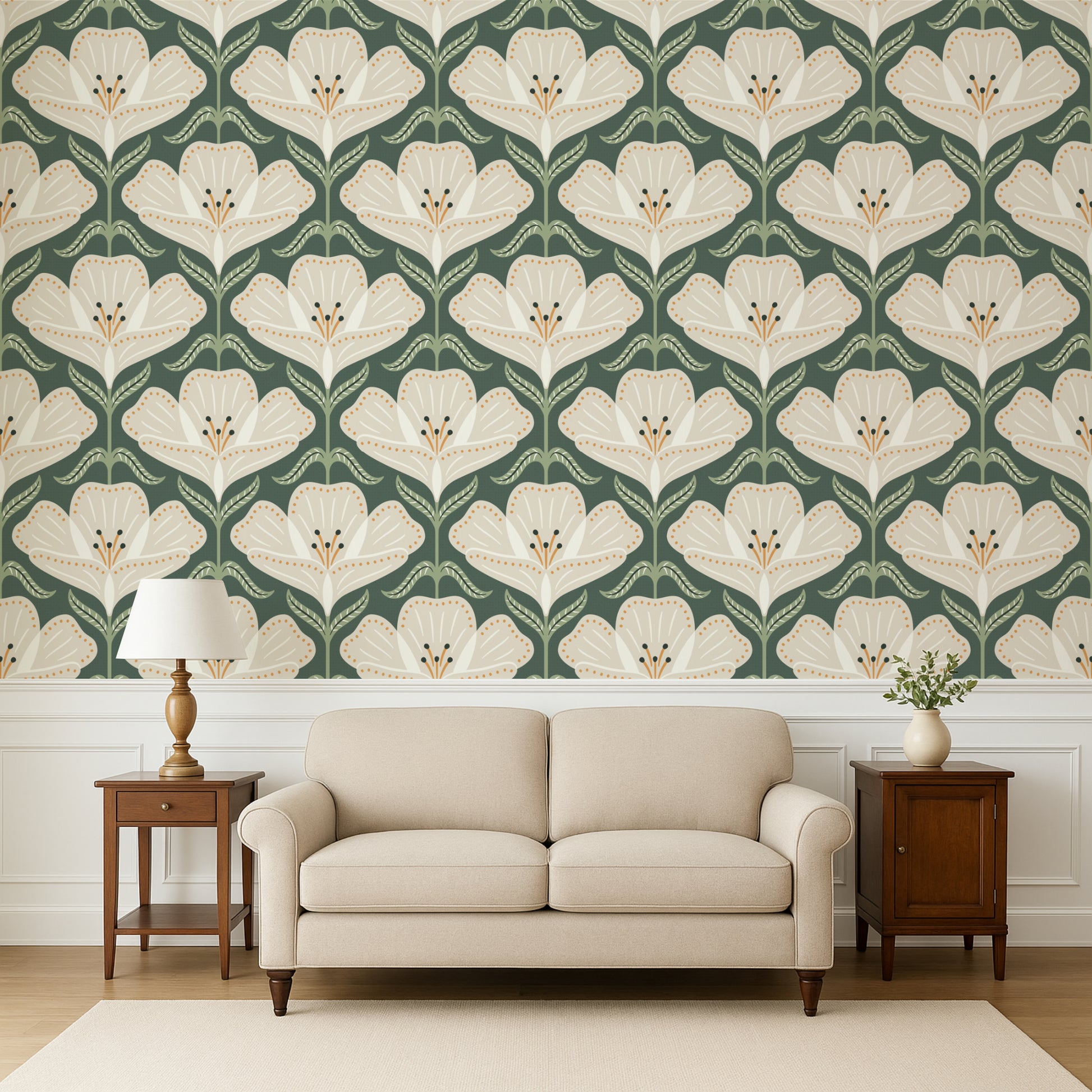 Living room with floral wallpaper, beige sofa, and wooden side tables.