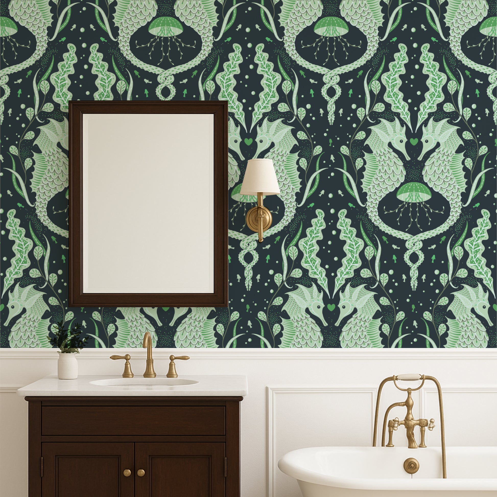 Bathroom with green and black patterned wallpaper, wooden vanity, and white sink.