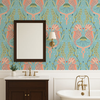 Bathroom with decorative wallpaper featuring sea-themed design, sink, and mirror.