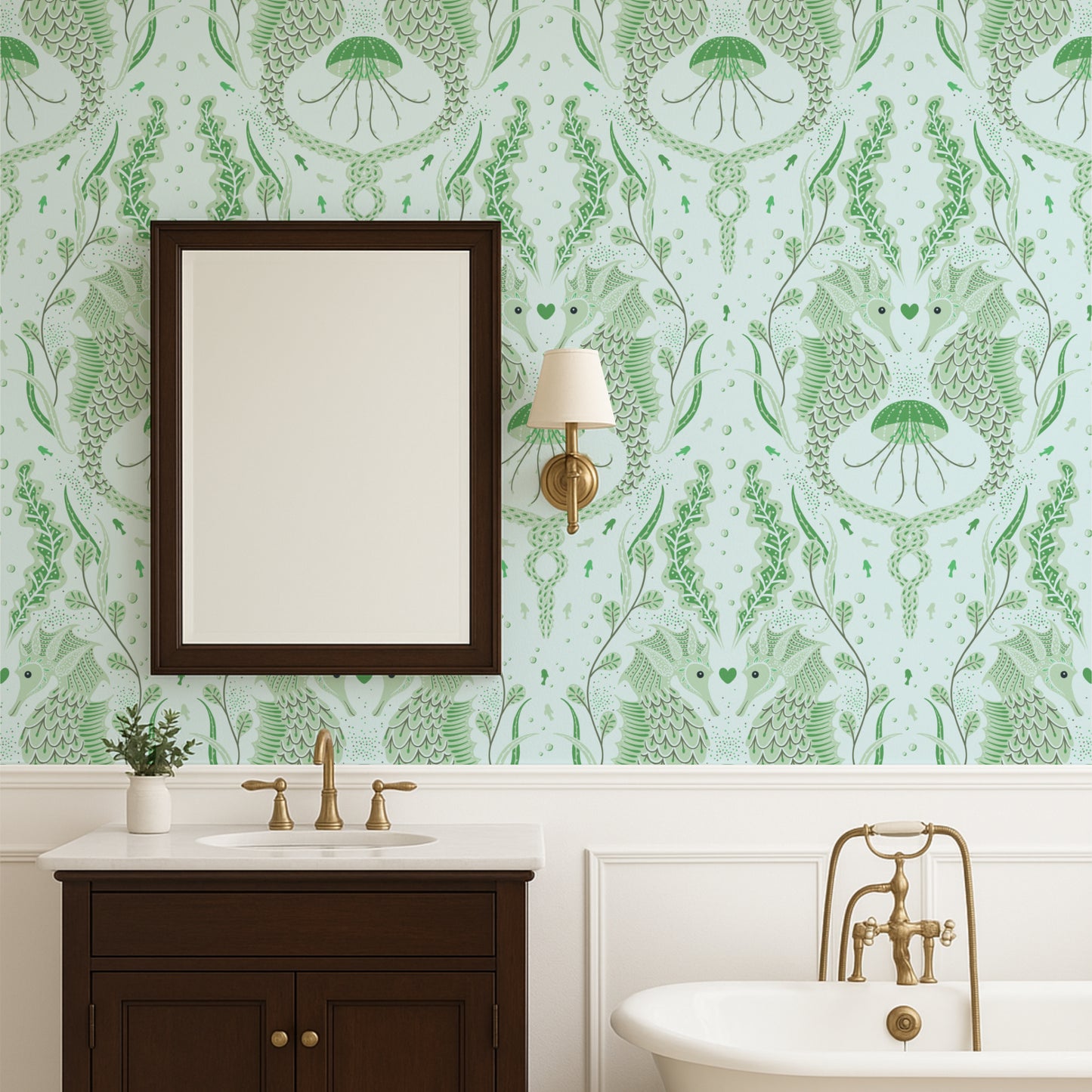 Bathroom with green patterned wallpaper, wooden vanity, and white sink.