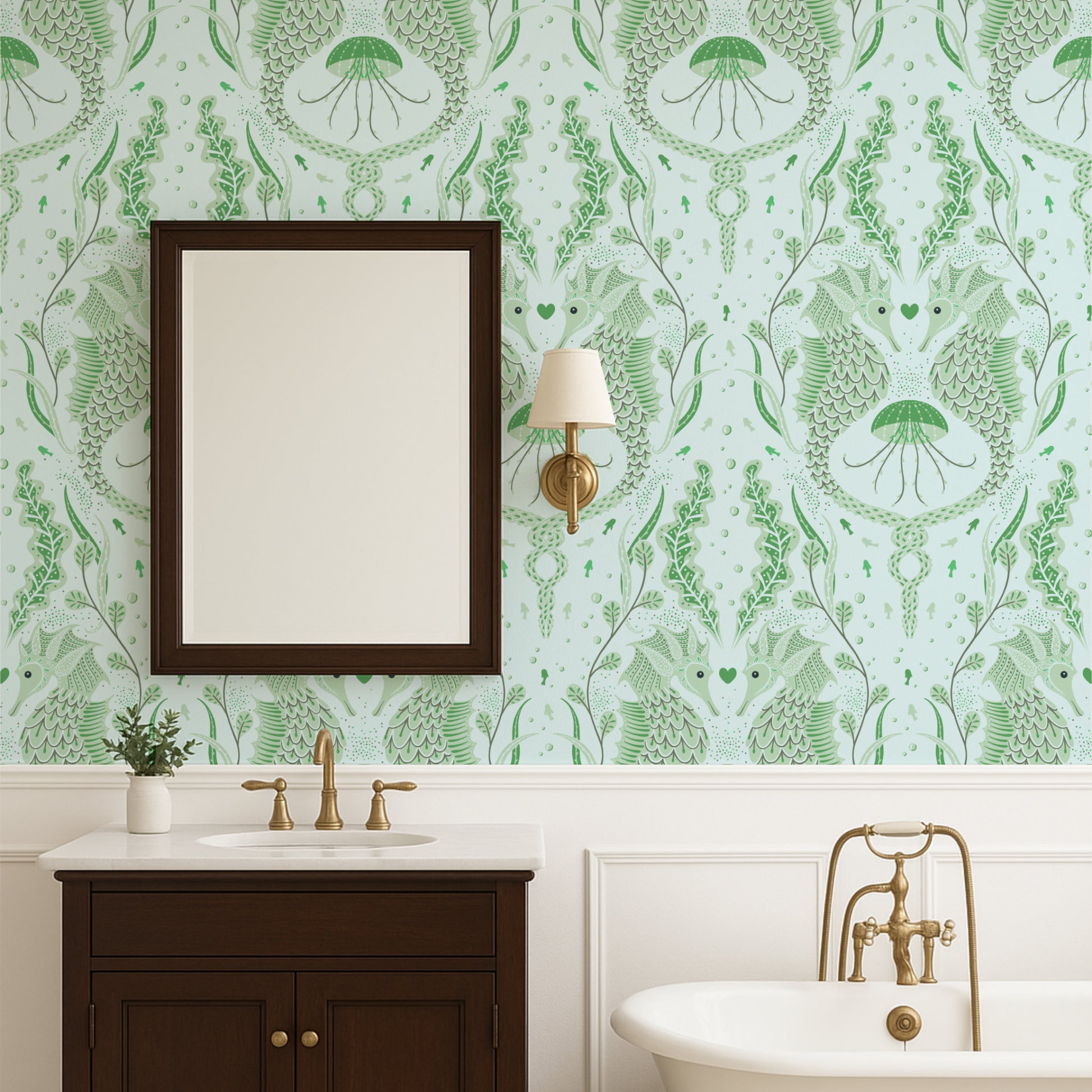 Bathroom with green patterned wallpaper, wooden vanity, and white sink.