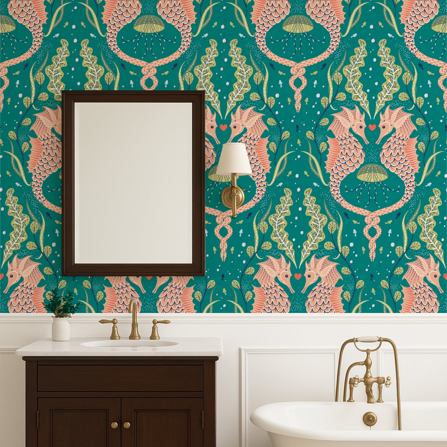 Bathroom with decorative wallpaper featuring seahorses, a mirror, sink, and bathtub.