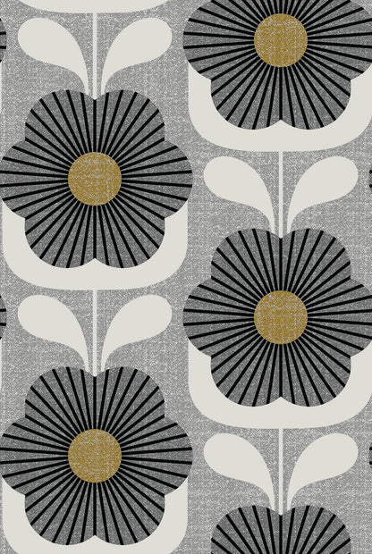 Patterned with black and white floral design on a gray background