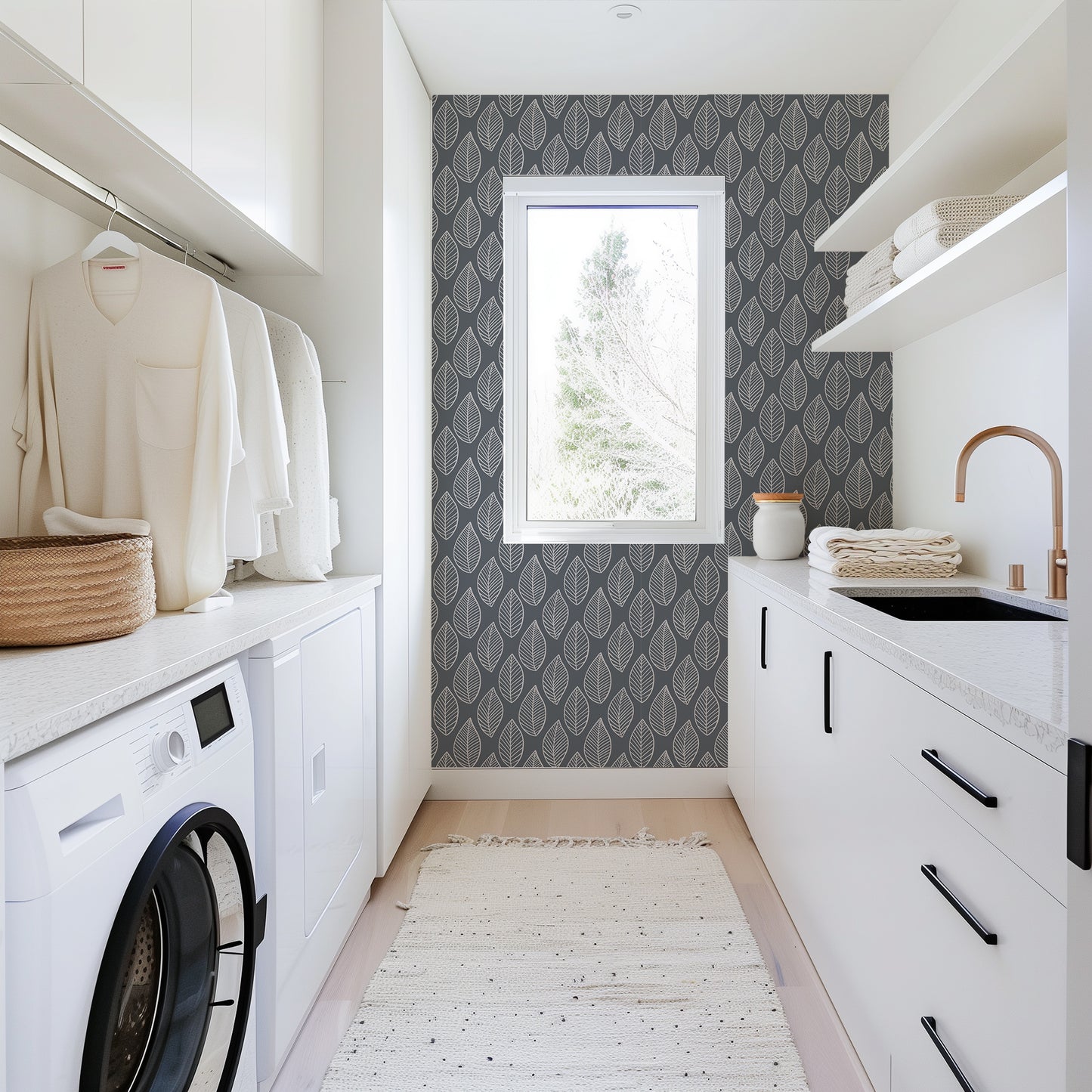 Monochromatic Leaves peel and stick wallpaper room mockup