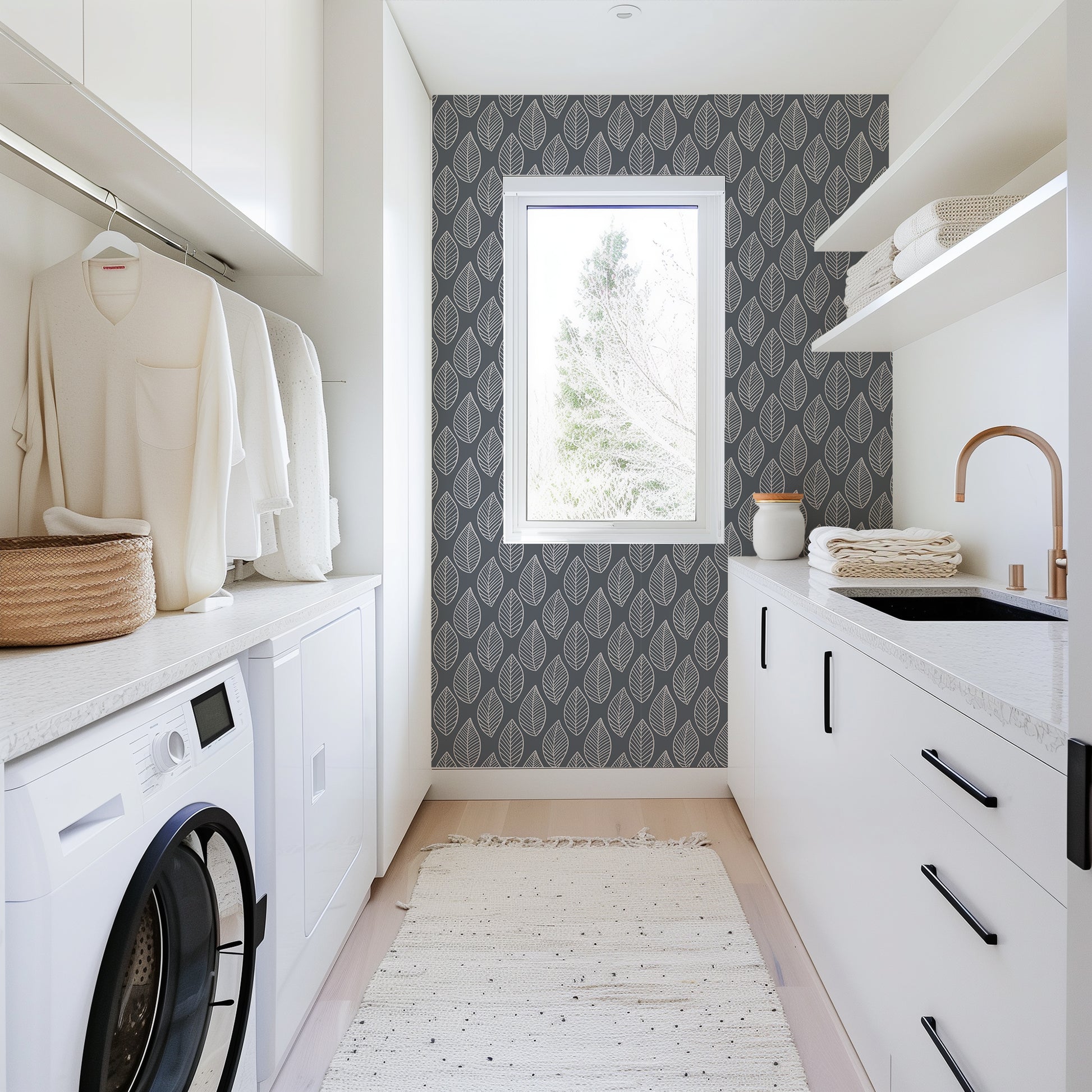 Monochromatic Leaves peel and stick wallpaper room mockup
