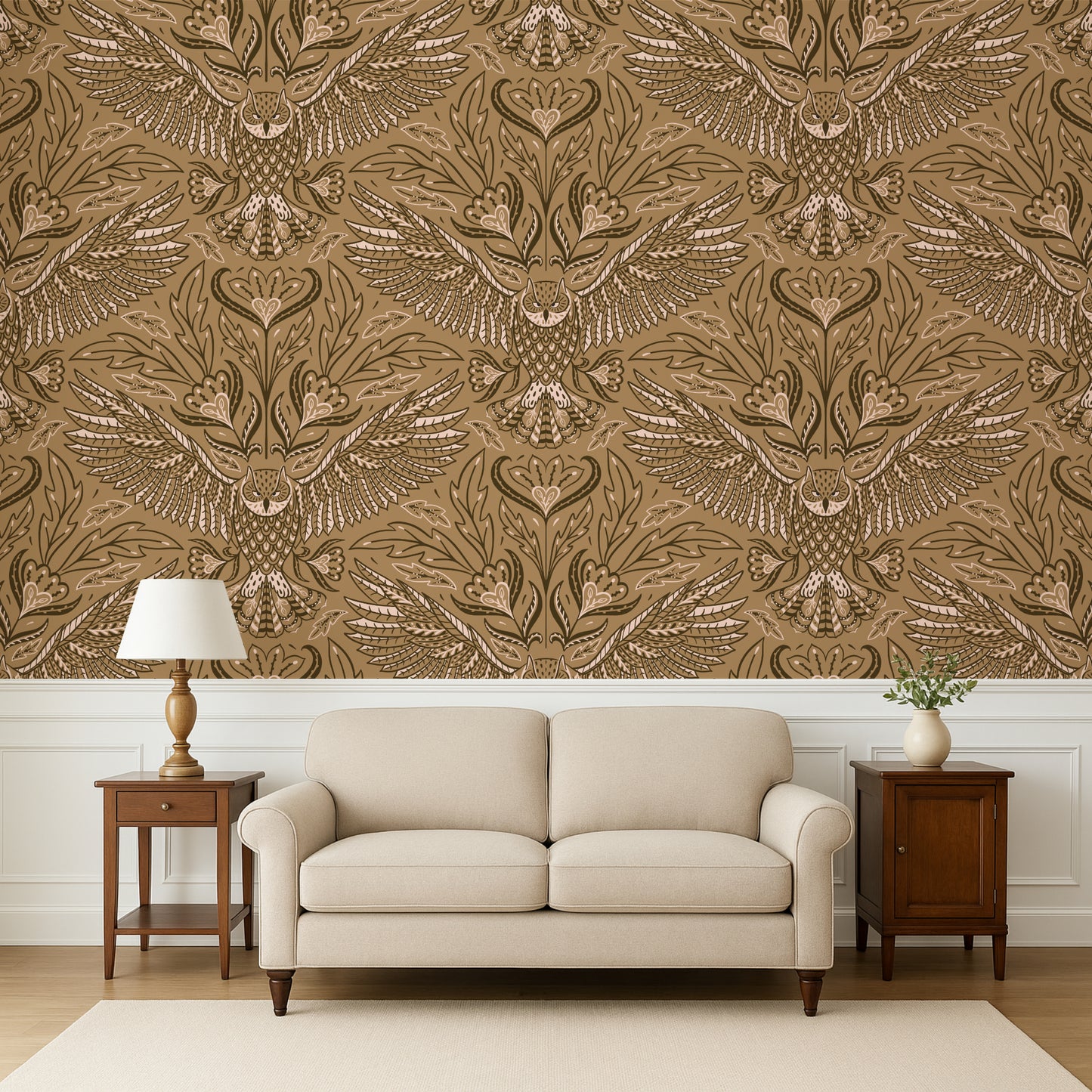 Living room with beige sofa, wooden side tables, and decorative wall paper.