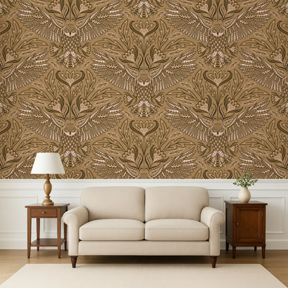 Living room with beige sofa, wooden side tables, and decorative wall paper.