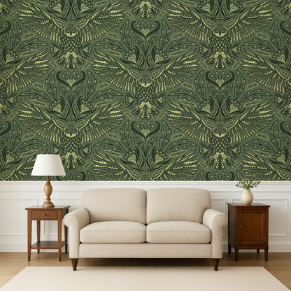 Living room with a beige sofa against a wall with green patterned wallpaper.