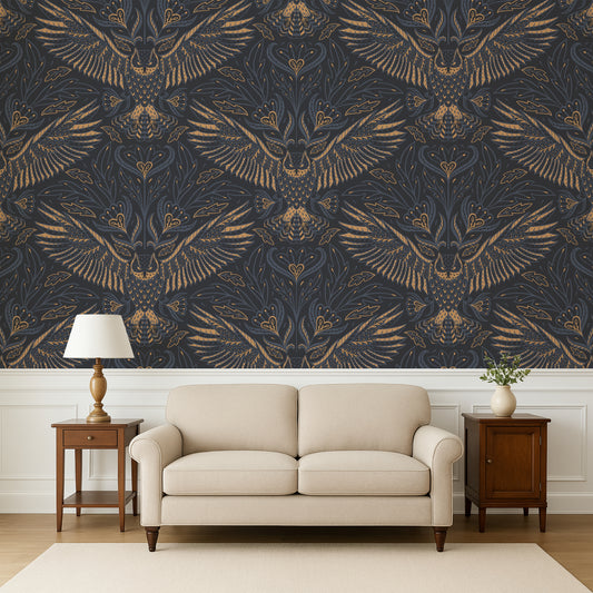 Beige sofa in a room with ornate wallpaper featuring large owl designs.