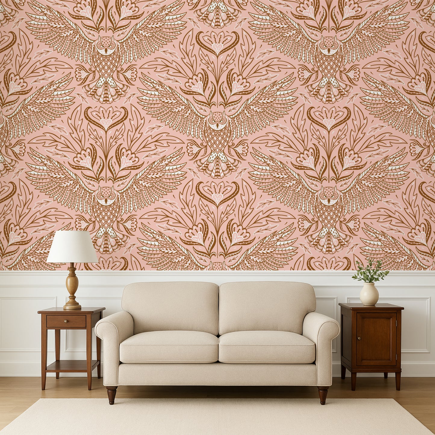 Living room with a beige sofa, wooden side tables, and a decorative wall with a pink and gold pattern.