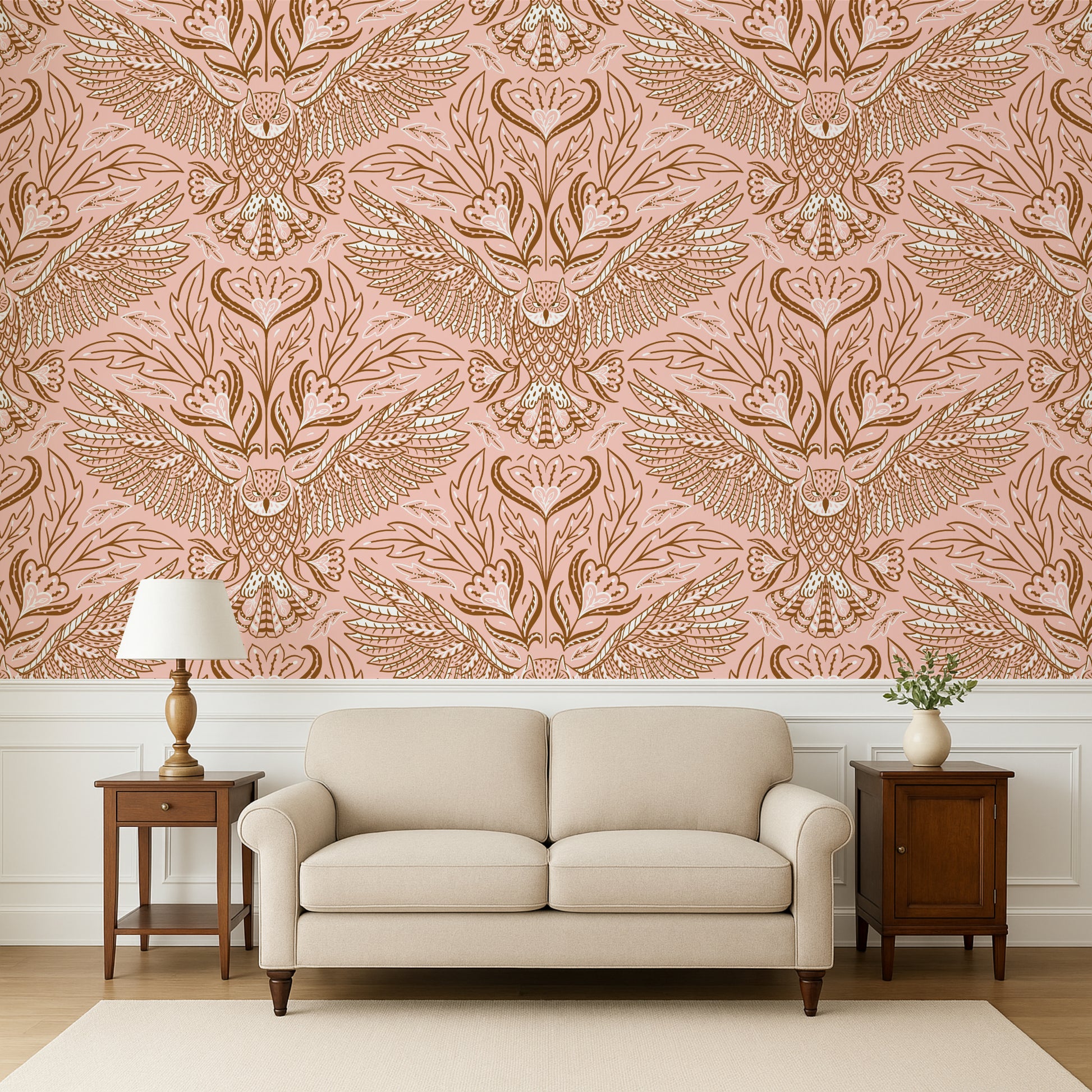 Living room with a beige sofa, wooden side tables, and a decorative wall with a pink and gold pattern.