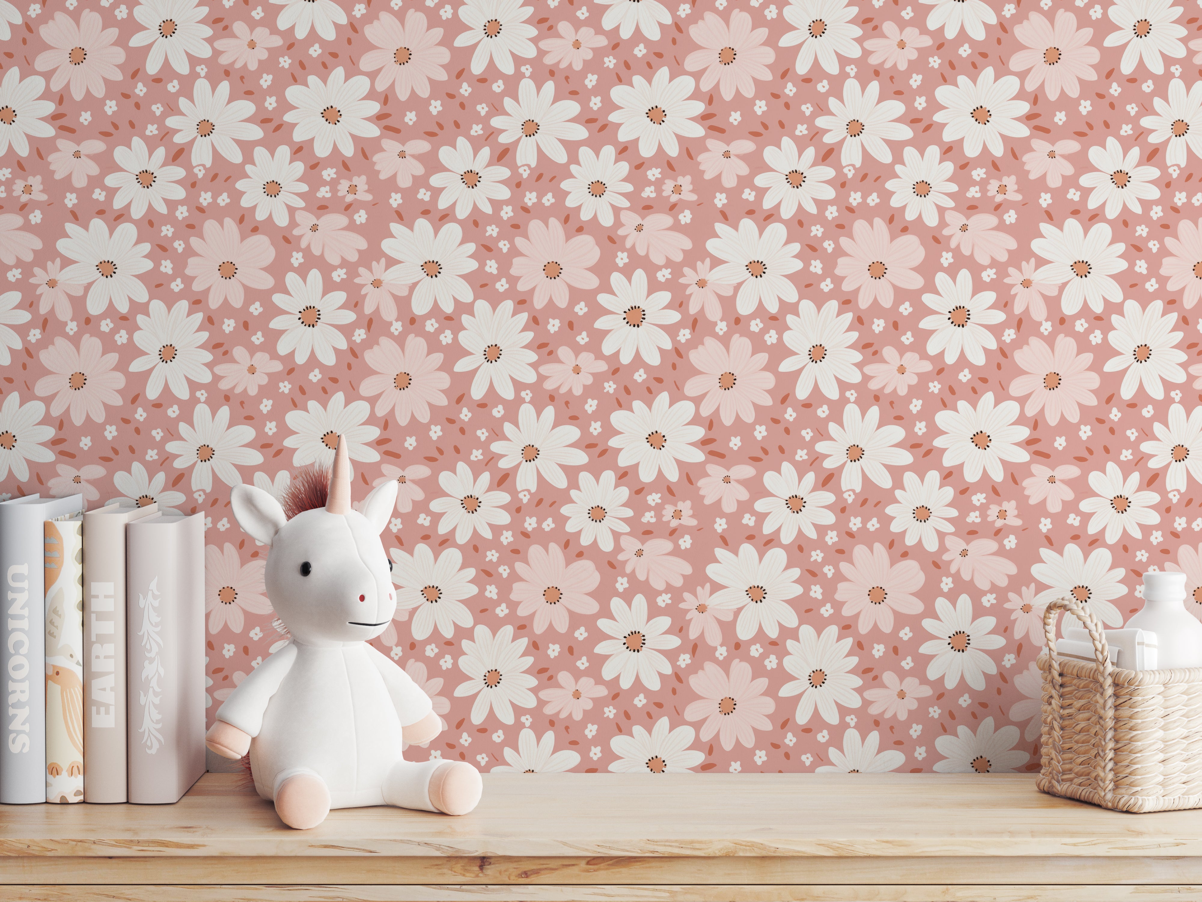 Pink Daisy peel and stick wallpaper room mockup