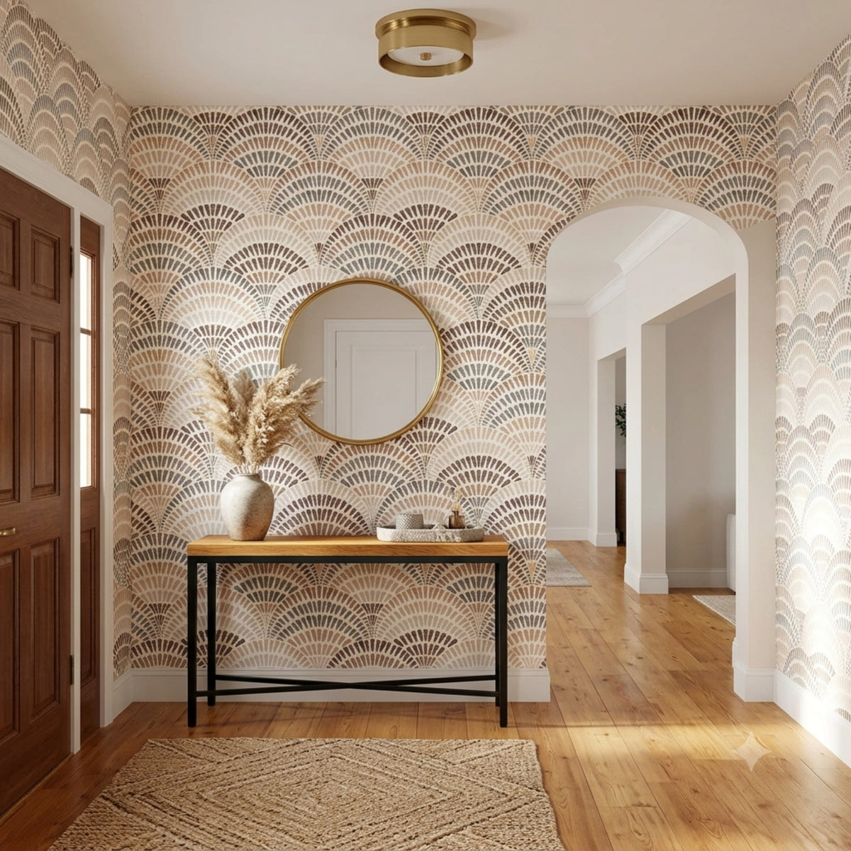 A styled entryway featuring a wall covered in a beige, brown, and gray scallop fan pattern wallpaper. A light wood console table with a black metal frame sits against the wall, decorated with a ceramic vase containing dried pampas grass.