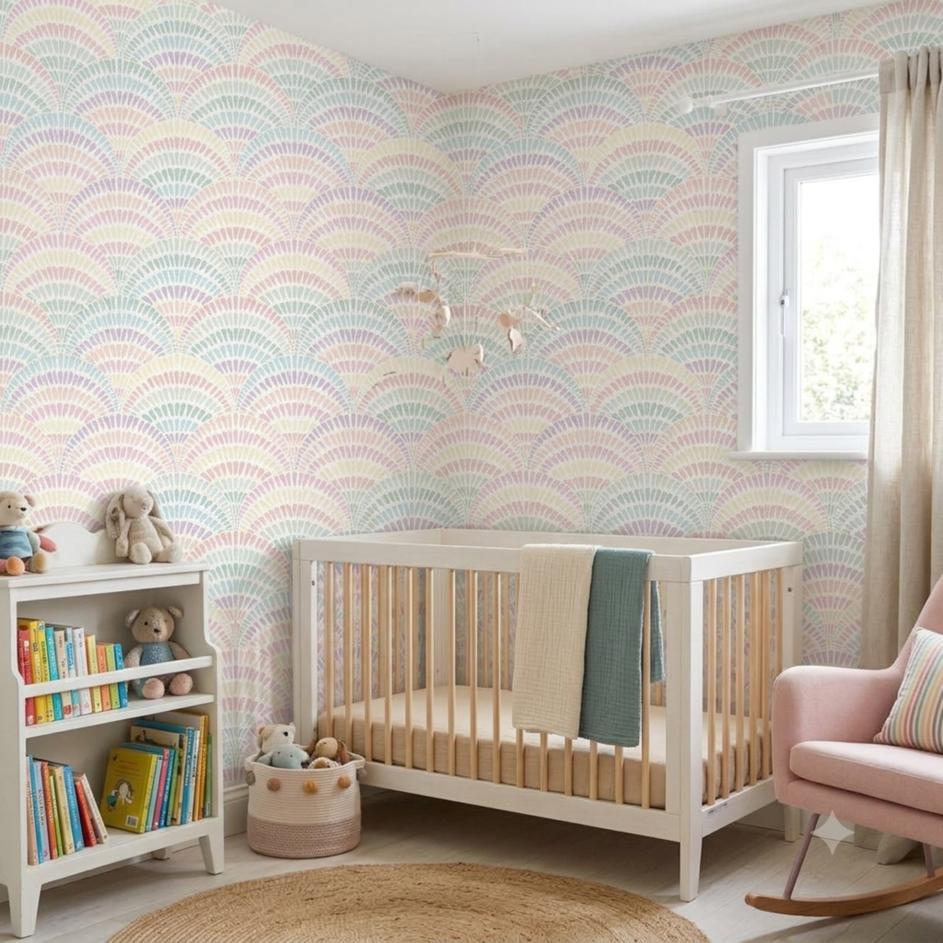 Boho Rainbow Arches wallpaper with repeating hand-drawn arches in a warm neutral room.