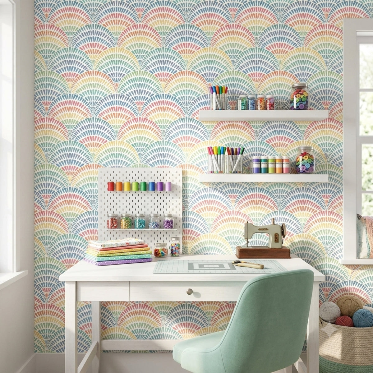 Pastel rainbow arch wallpaper in a colorful kids room with playful decor.