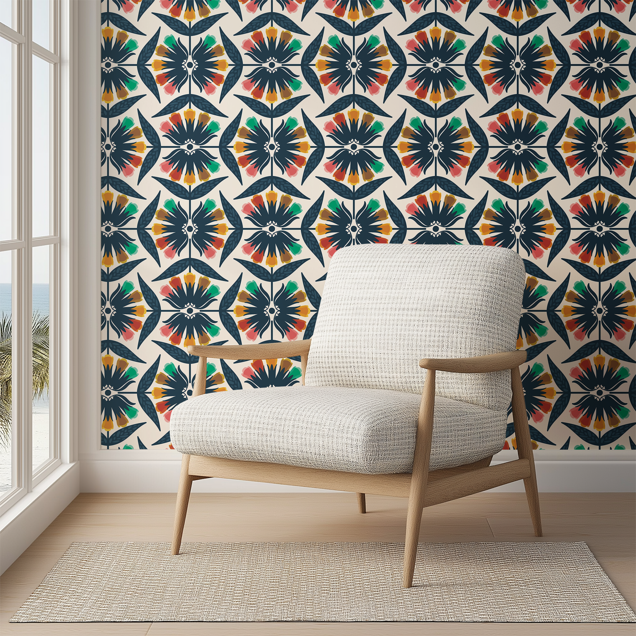 Modern armchair in a room with colorful geometric wallpaper
