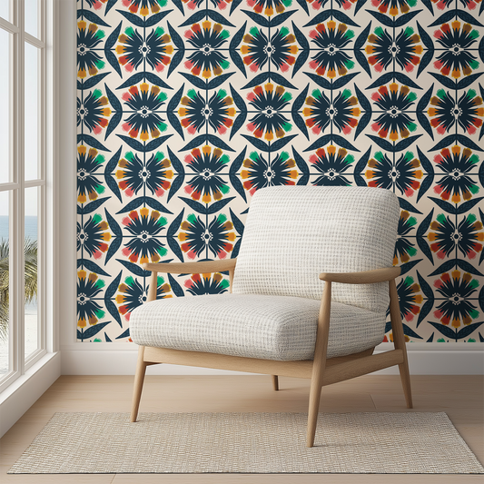Modern armchair in a room with colorful geometric wallpaper
