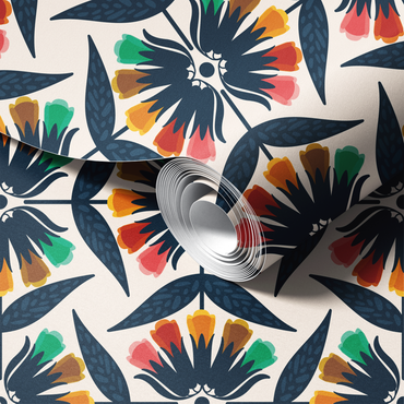 Decorative paper roll with colorful floral pattern on a white background