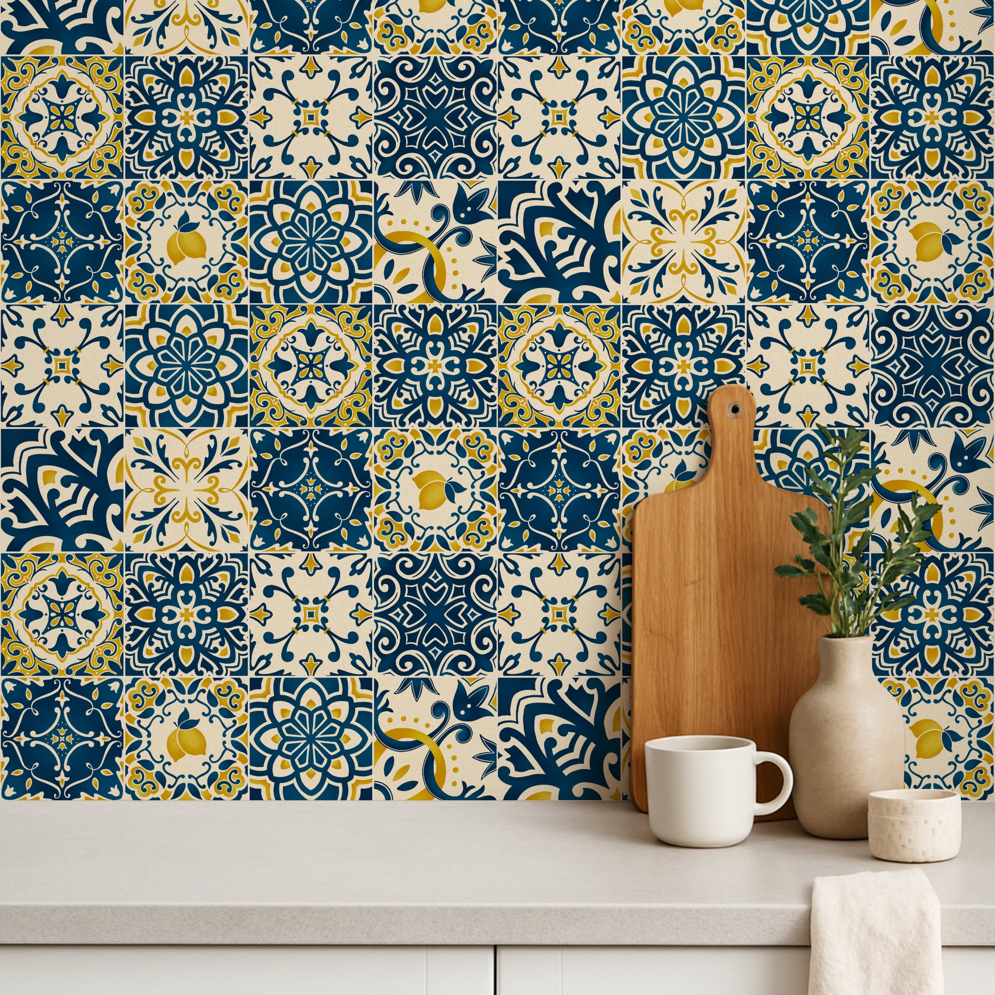 Patterned wall tiles with a wooden cutting board, white mug, and decorative items on a shelf.