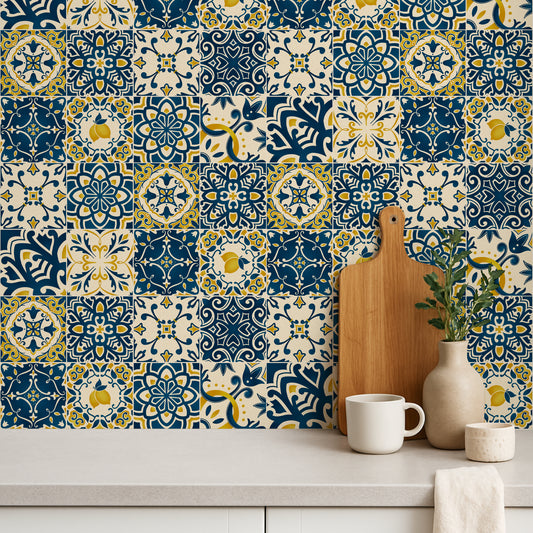 Patterned wall tiles with a wooden cutting board, white mug, and decorative items on a shelf.