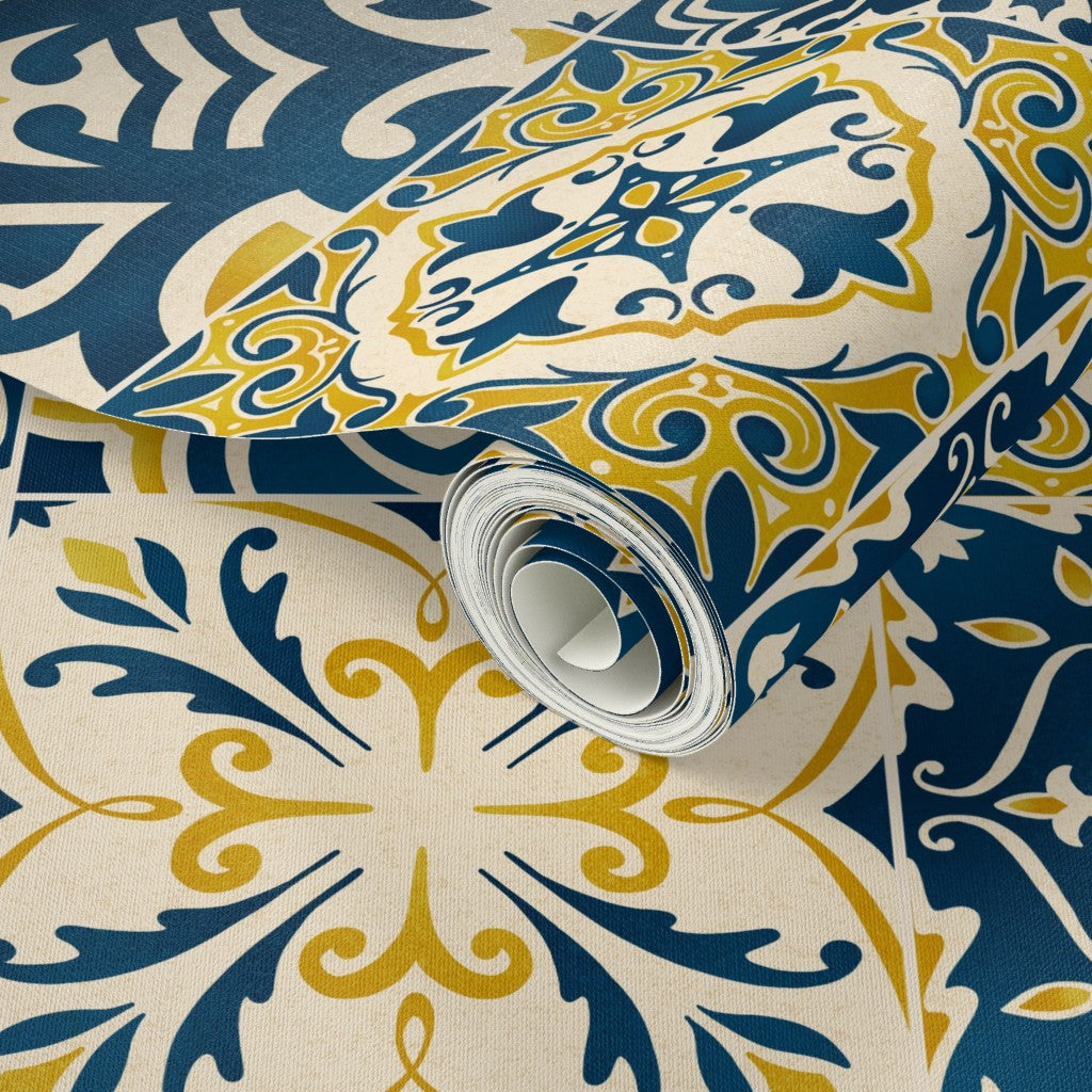 Roll of decorative paper with blue and gold pattern