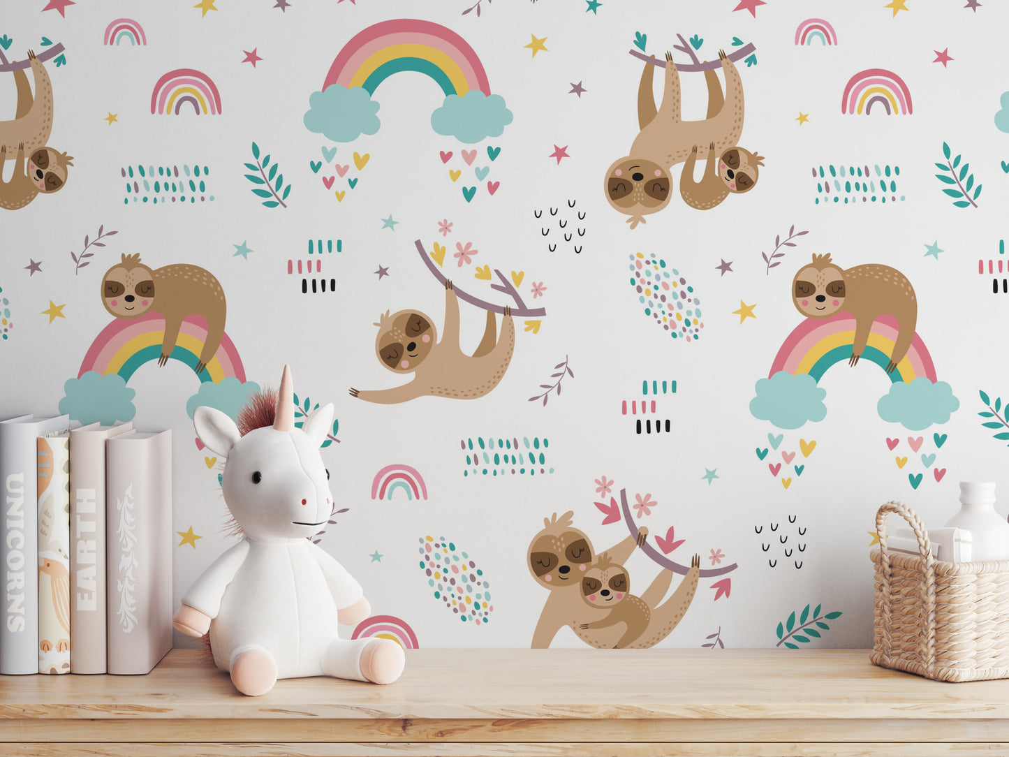Sloths and Rainbows peel and stick wallpaper room mockup