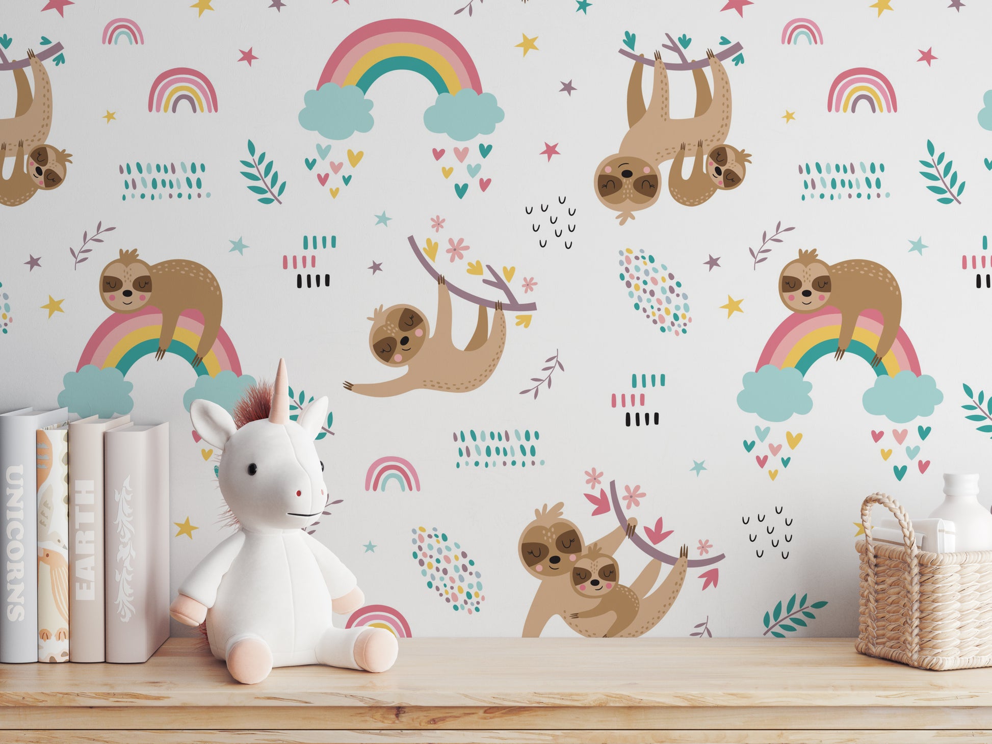 Sloths and Rainbows peel and stick wallpaper room mockup