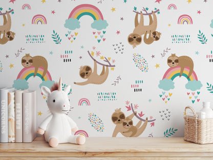 Sloths and Rainbows peel and stick wallpaper room mockup