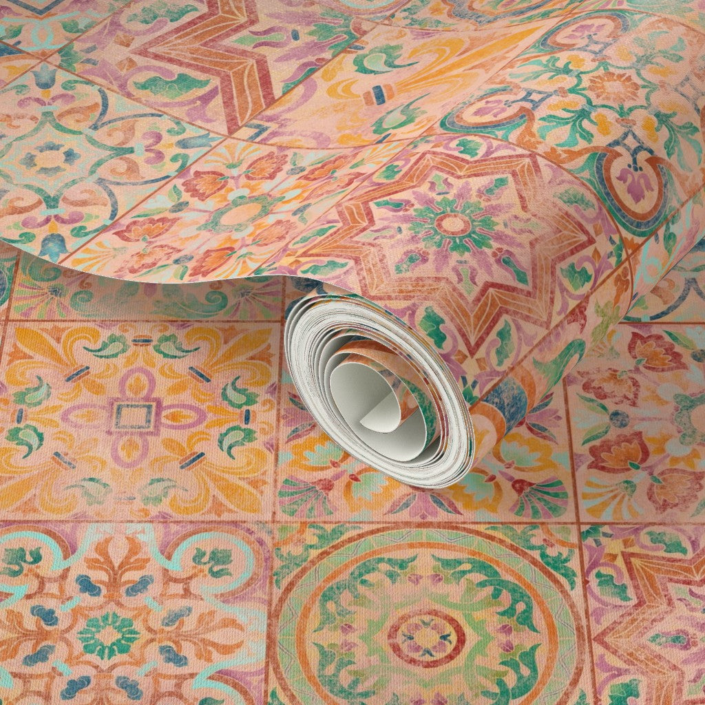 Roll of colorful patterned wallpaper.