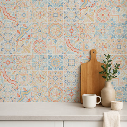 Decorative patterned wallpaper with a wooden cutting board, white mug, and plant on a shelf.