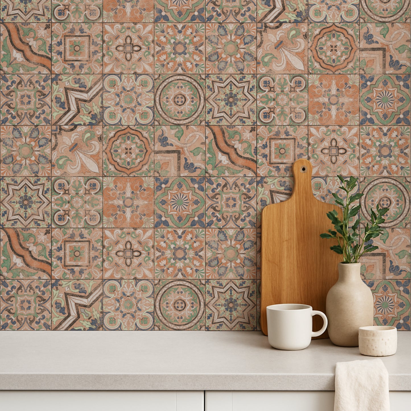 Decorative tile pattern on a wall with a cutting board, mug, and plant.