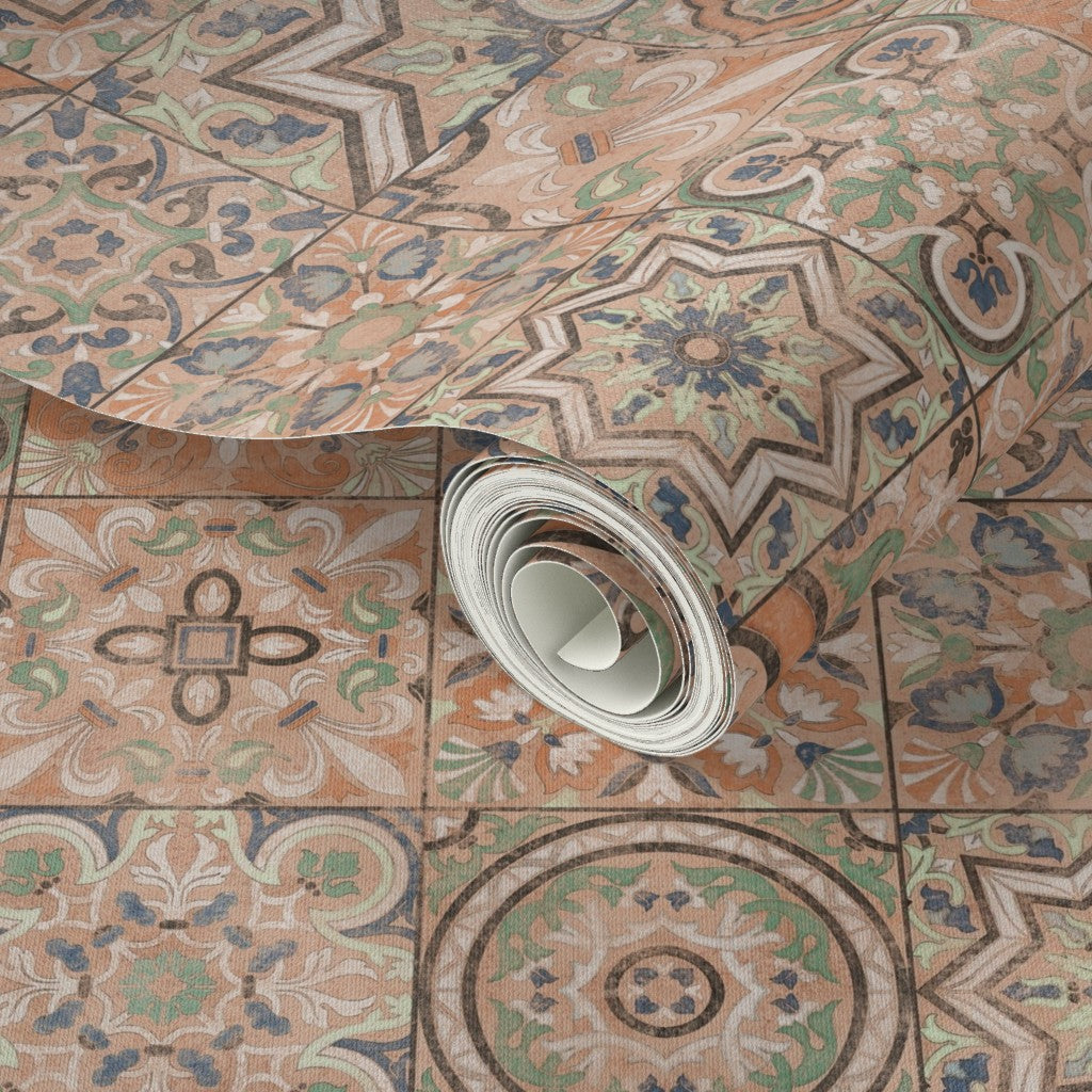 Roll of patterned wallpaper.