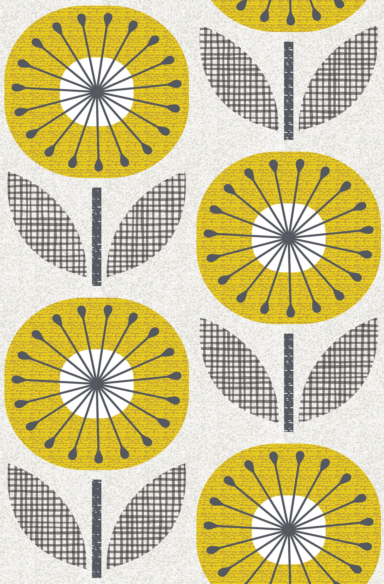 Pattern of yellow flowers with black and gray details on a white background