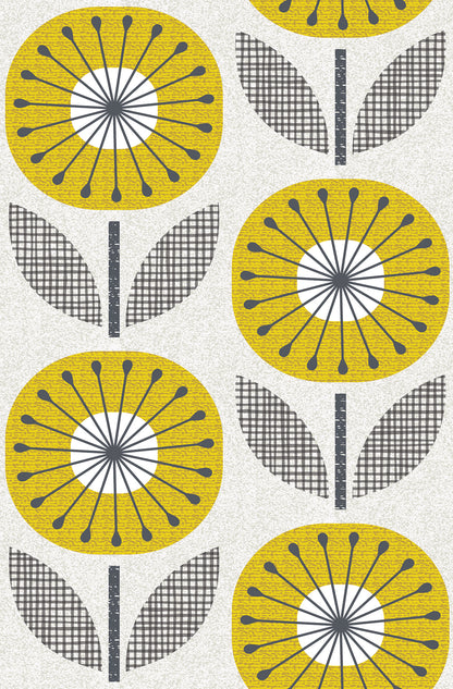 Pattern of yellow flowers with black and gray details on a white background