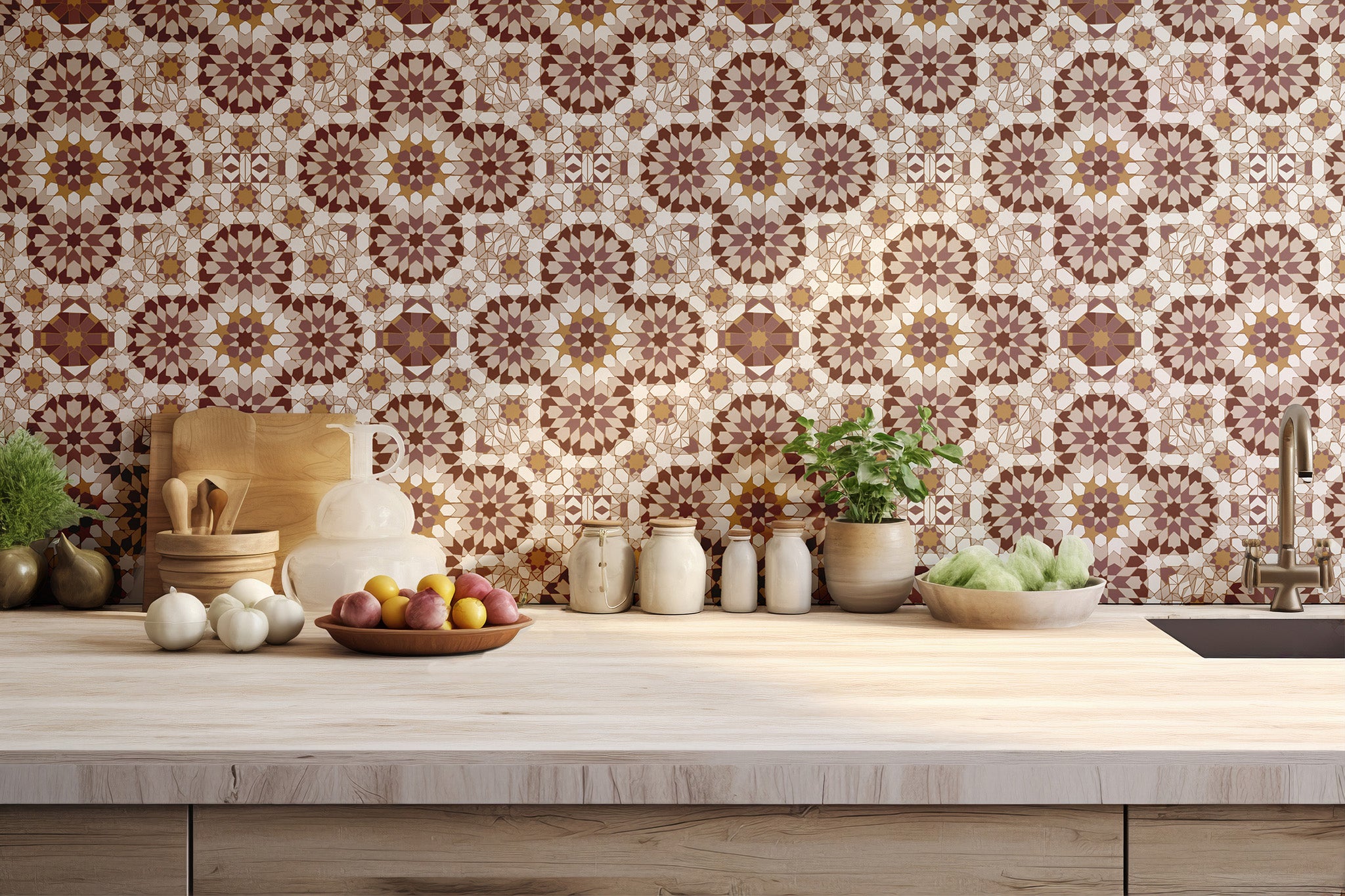 Decorative kitchen with patterned wall tiles and a wooden countertop.