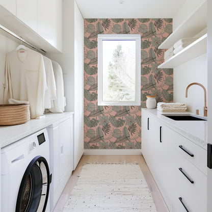 Hand Drawn Tropical Leaves peel and stick wallpaper room mockup