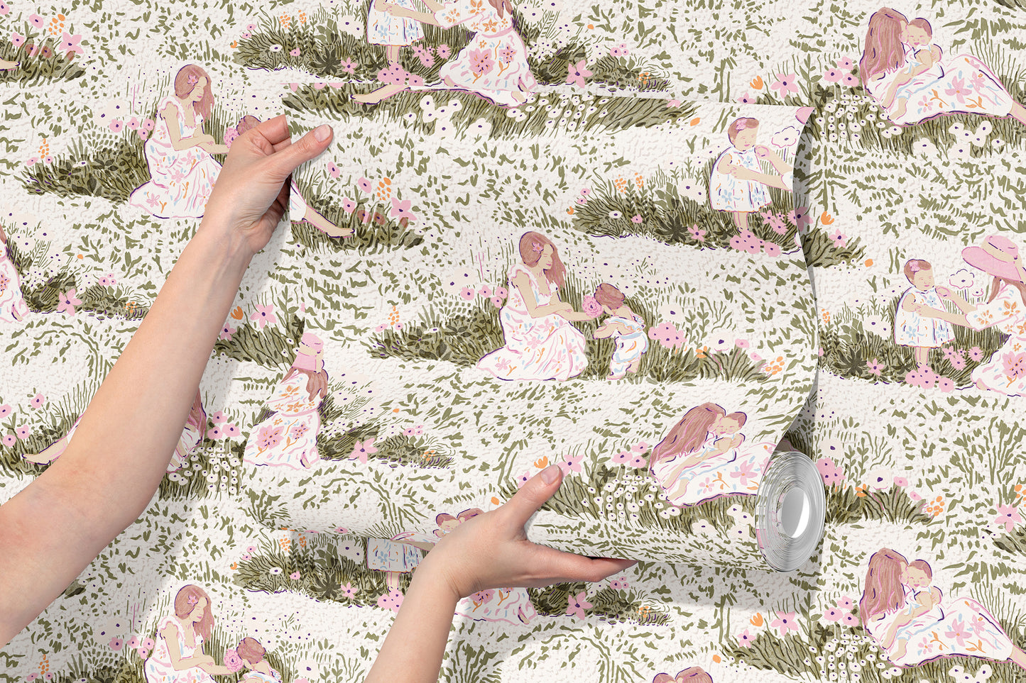 Modern Mother and Daughter Picnic Toile Peel and Stick Wallpaper