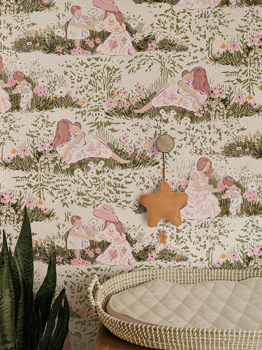 Modern Mother and Daughter Picnic Toile Peel and Stick Wallpaper