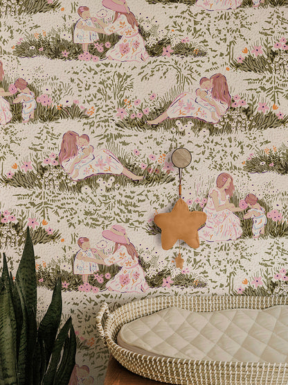 Modern Mother and Daughter Picnic Toile Peel and Stick Wallpaper
