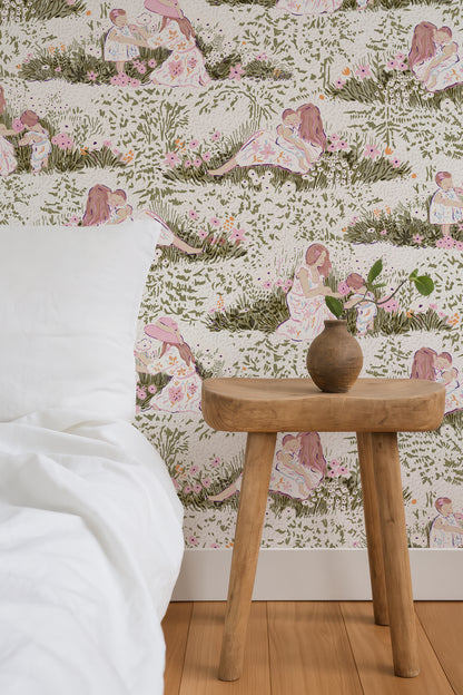 Modern Mother and Daughter Picnic Toile Peel and Stick Wallpaper