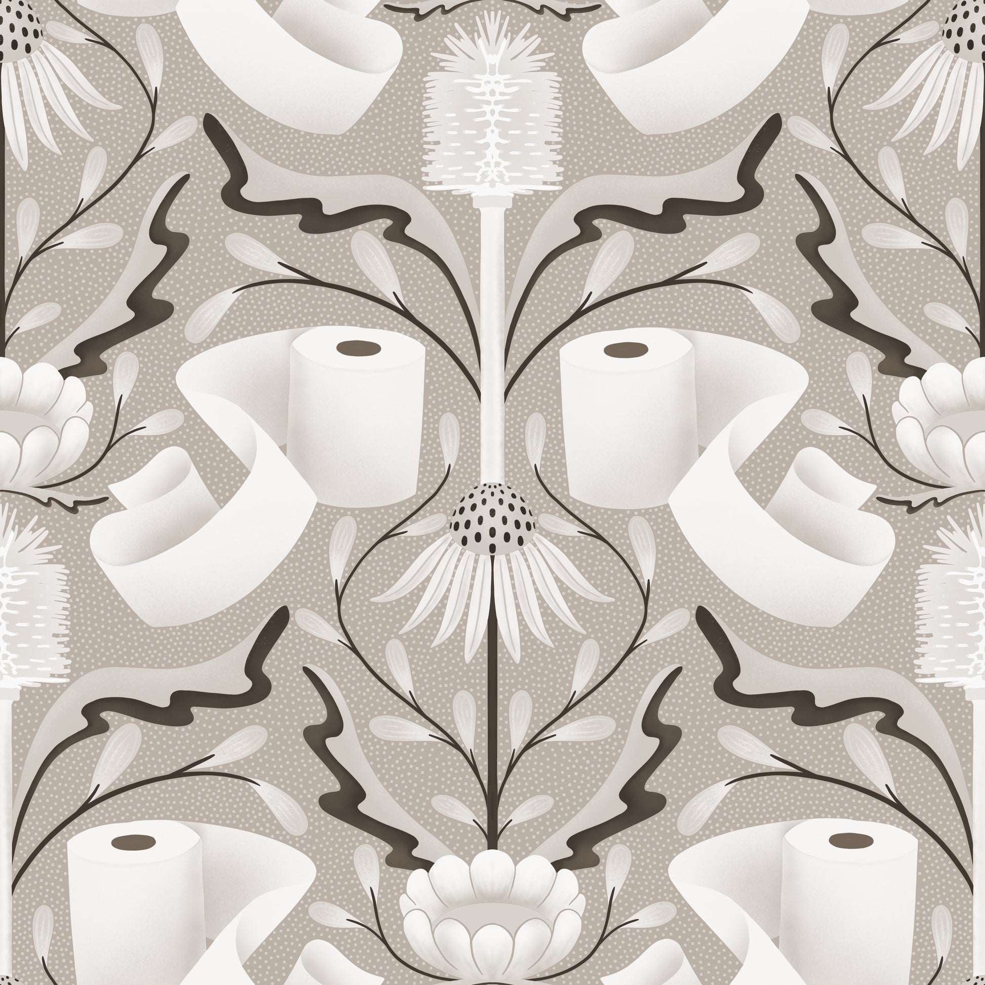 Patterned wallpaper with toilet paper rolls and floral elements on a beige background