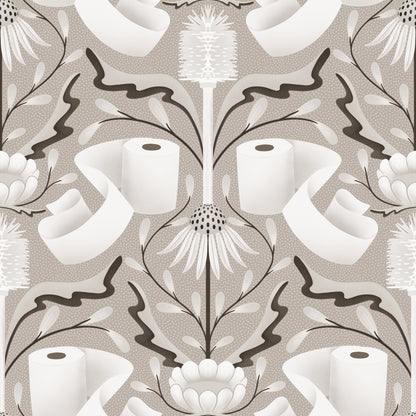 Patterned wallpaper with toilet paper rolls and floral elements on a beige background
