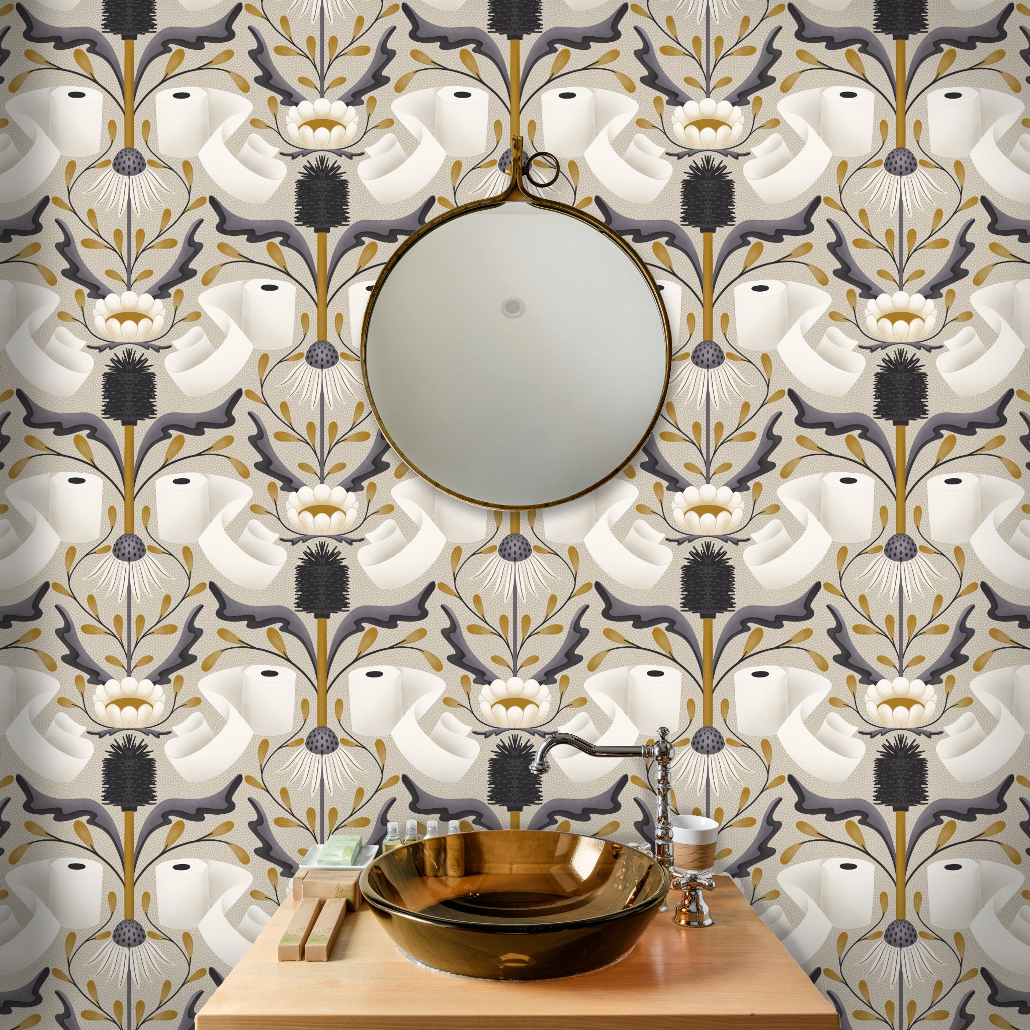 Decorative bathroom with toilet paper floral-patterned wallpaper, round mirror, and gold sink.