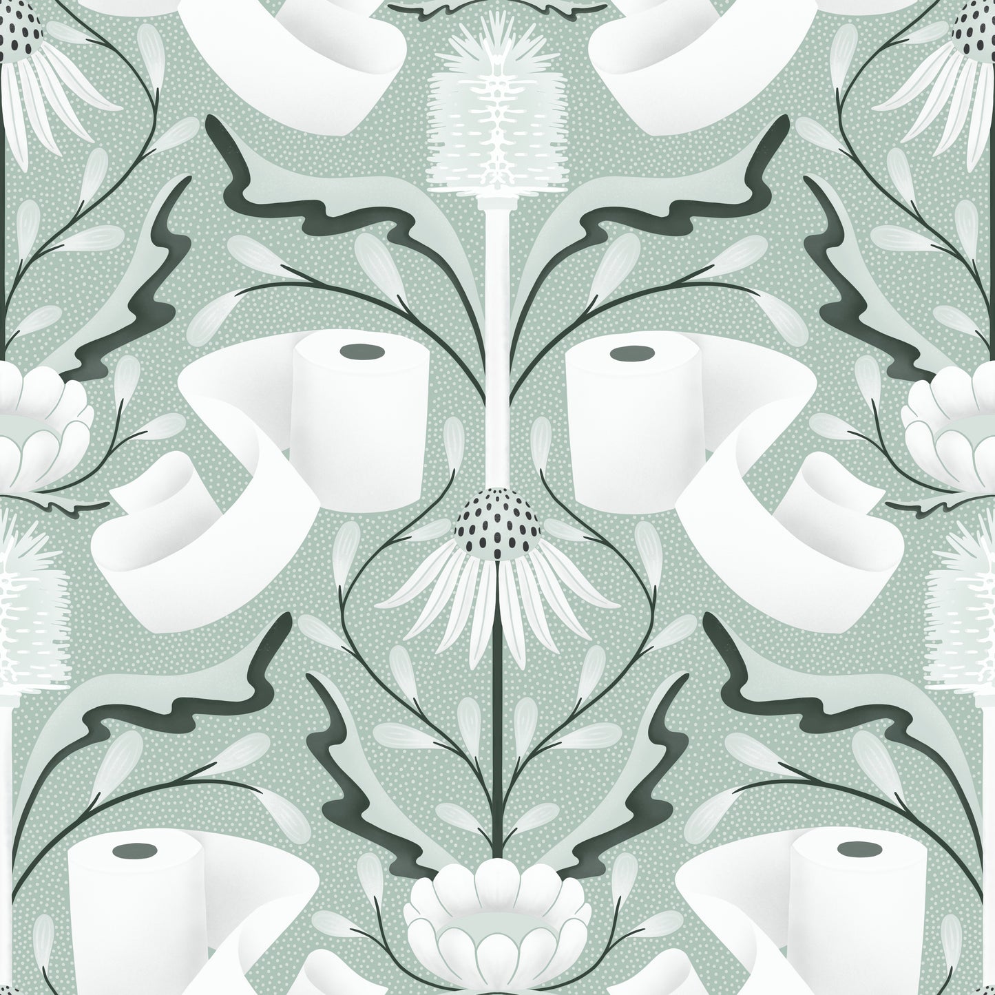 Patterned design with toilet paper rolls and floral elements on a light green background
