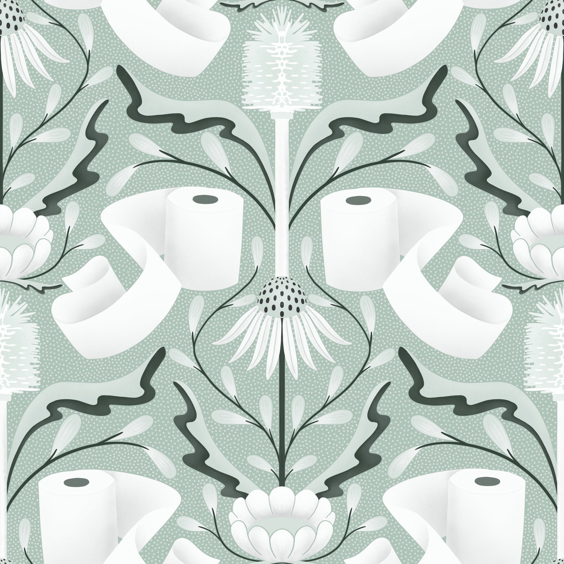 Patterned design with toilet paper rolls and floral elements on a light green background